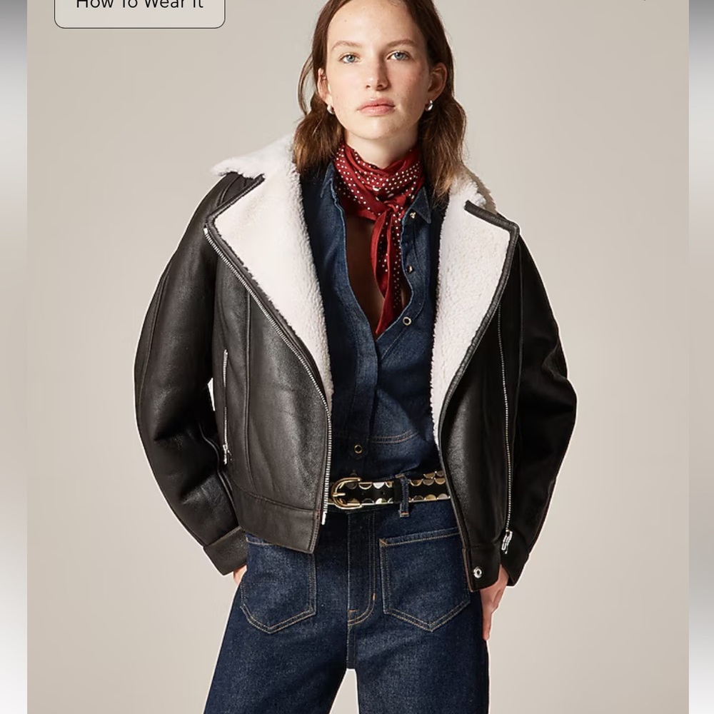 J. Crew Collection Black Leather Shearling Moto‎ Zip Up Jacket XL